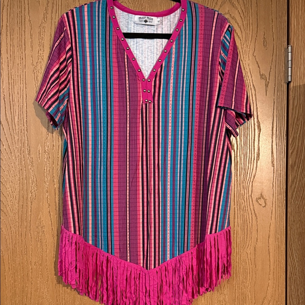 Crazy Train Pink and Blue Serape Fringe Blouse